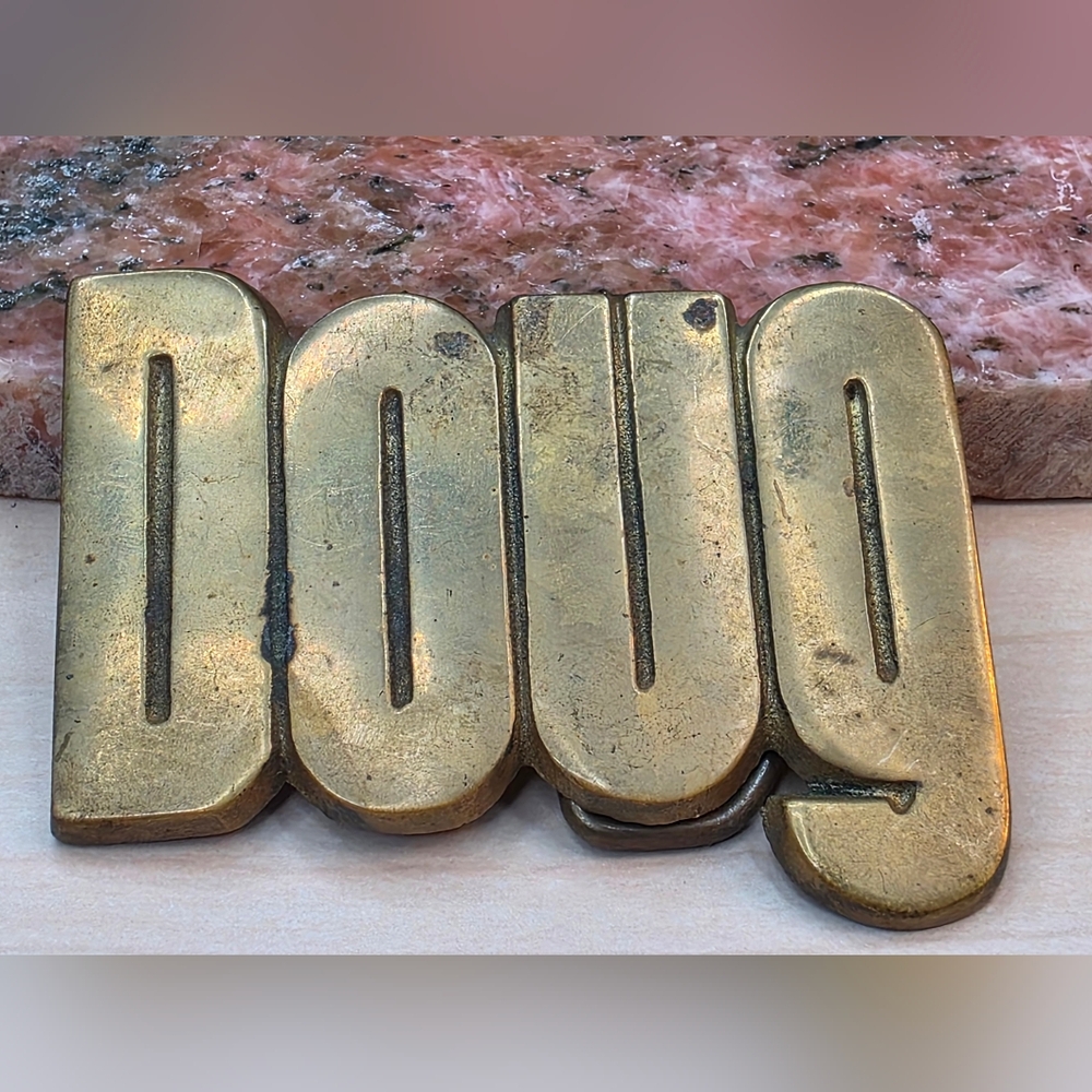 DOUG Belt Buckle Iconic 70s Cut Out Brass Name Vtg Taiwan